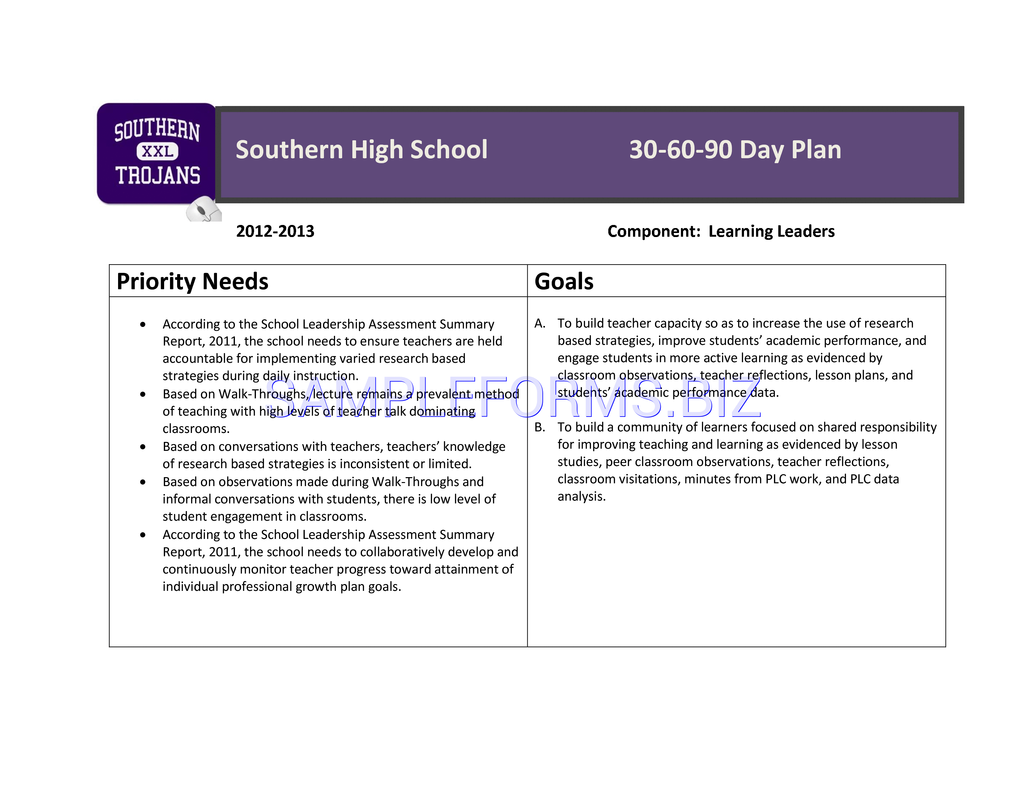 Preview free downloadable Southern High School 30-60-90 Day Plan in PDF (page 1)